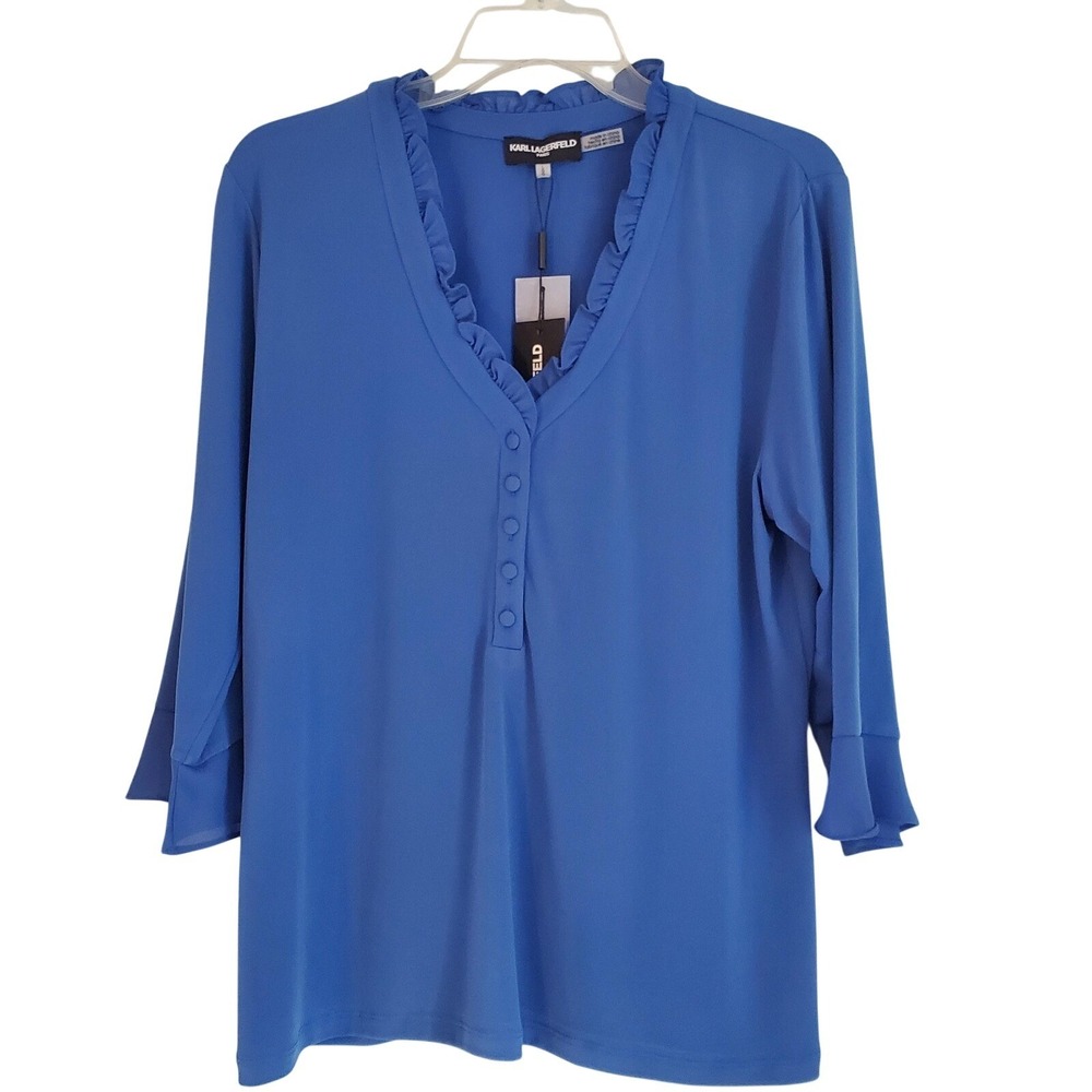Karl Lagerfeld Paris Blouse Womens Large Blue Ruffle V Neck 3/4 Sleeve‎ Top